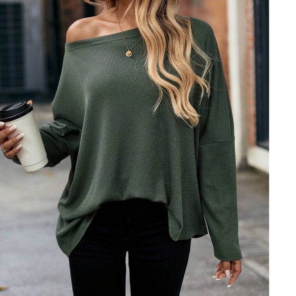 Solid Off Shoulder Loose Fit Waffle Long Sleeve Top - Picture 7 of 16